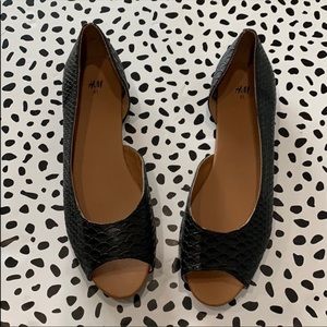 Peep Toe Faux Snake Skin Black Flats